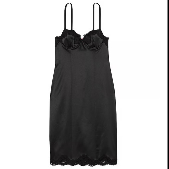 Victoria's Secret Dresses & Skirts - New! Victoria’s Secret wicked satin lace trim midi dress black  47420